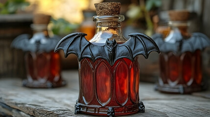 Spooky potions in bat-adorned bottles sit on a rustic wooden surface, bathed in soft, diffused light