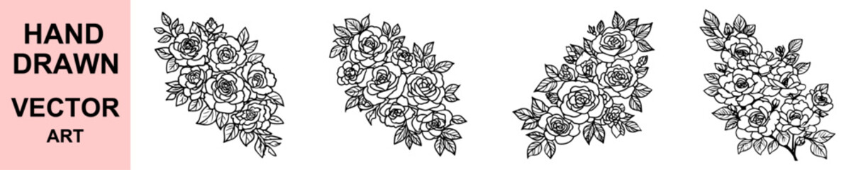 Elegant vertical hand drawn rose bouquet vector illustrations, perfect for wedding designs, cards, botanical prints, floral patterns, romantic art projects, and digital decorations.