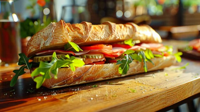 Wooden cutting board with sub sandwich