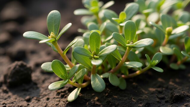 Close-up of fresh green leaves of purslane (Portulaca oleracea), also known as krokot, growing on moist soil in natural light, showing botanical detail and texture