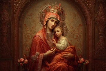 Orthodox Mother and Child depicted in an ornate setting showcasing traditional religious attire and serene expressions, representing love and devotion in spiritual art