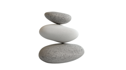 Three balanced stones, isolated on white background as a transparent PNG, symbolizing harmony, stability, and natural minimalist design.