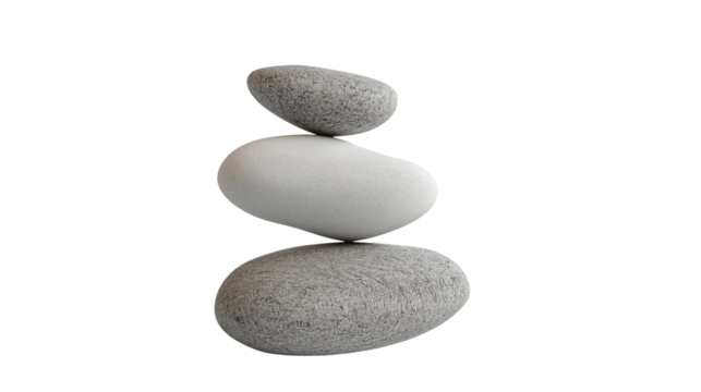 Three balanced stones, isolated on white background as a transparent PNG, symbolizing harmony, stability, and natural minimalist design.