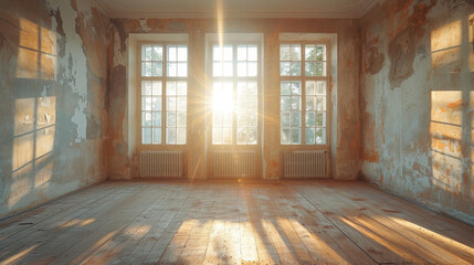 Fototapeta premium A room under renovation with sunlight streaming through the windows, highlighting the transformation in progress.