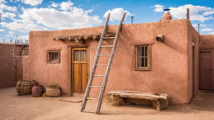 Adobe house under a partly cloudy sky