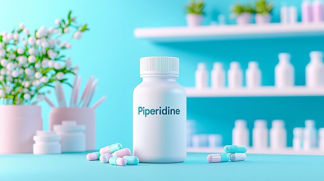 A white bottle labeled Piperidine surrounded by colorful capsules, set against a soft blue background, radiating a clean, clinical feel.