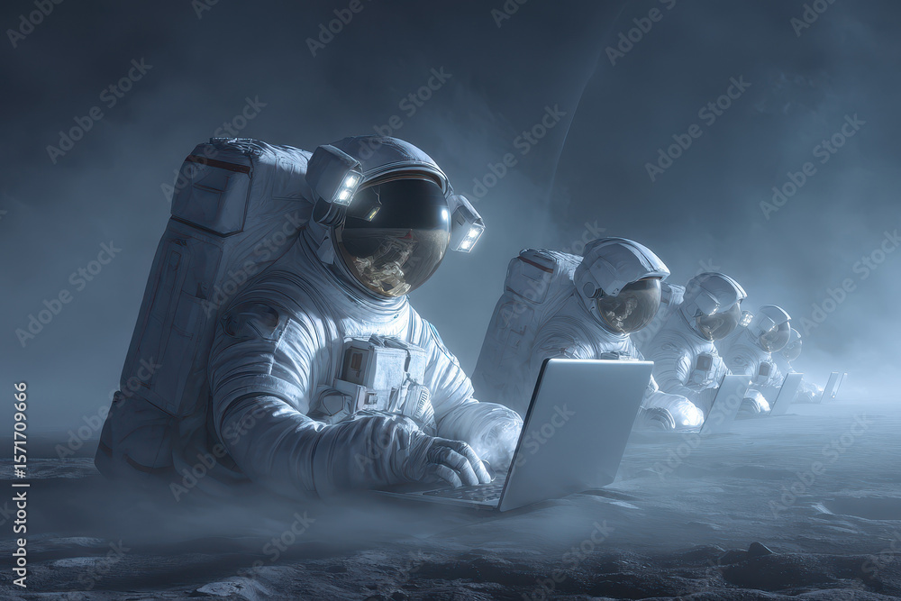 Poster exploring the work-from-anywhere concept through astronauts using laptops on a lunar landscape durin