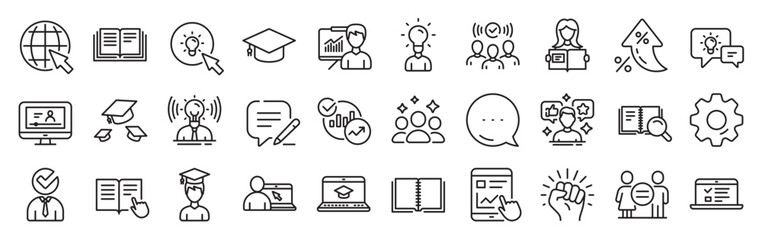 Education line icons. Settings gear, Message, Inflation icons. Laptop, Book and Video Tutorial icons. Graduation cap, Instructions and Presentation. Vector