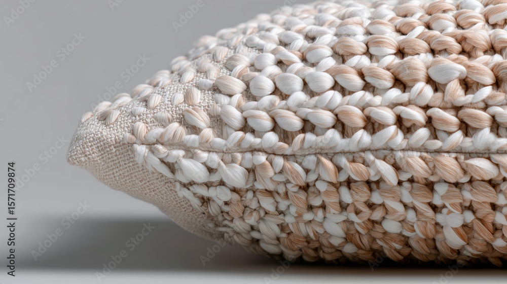Poster decorative woven pillow with natural fibers displayed on a neutral background emphasizing texture an