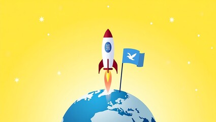 Naklejka premium Rocket launching from earth with a peace flag and stars isolated on white background
