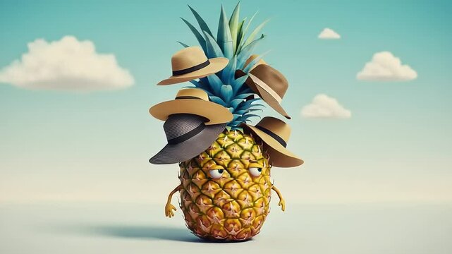 Pineapple Character Wearing Hats in a Whimsical Landscape with Cartoon Clouds