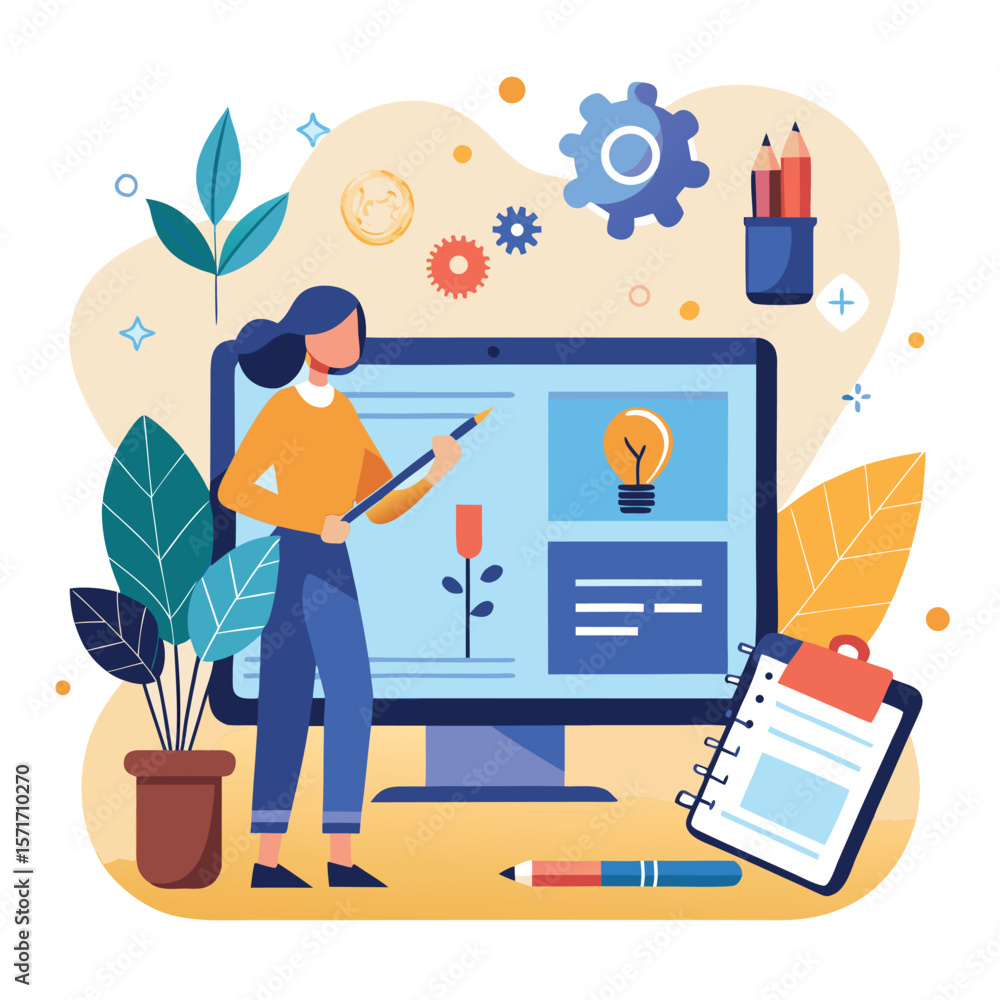 Poster modern flat illustration depicting online presentation and idea generation with desktop computer and