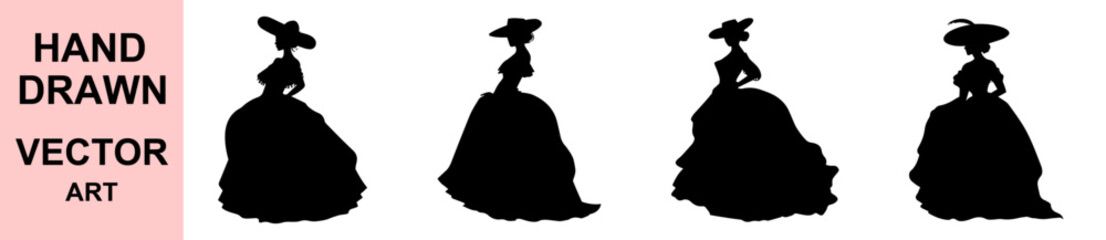 Victorian woman silhouette in large dress and vintage hat, perfect for historical projects, fashion illustrations, costume design, wall art and antique themed decorations