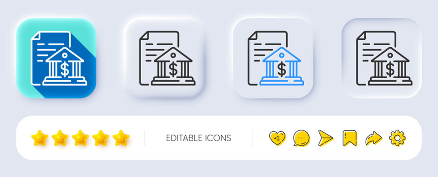 Bank document line icon. Neumorphic, Flat shadow, 3d buttons. Government decree sign. Loan agreement symbol. Line bank document icon. Social media icons. Vector