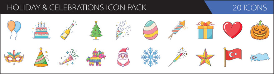 Fototapeta premium Holiday and Celebrations Vector Icon Pack - Festive Occasion Line Art Set
