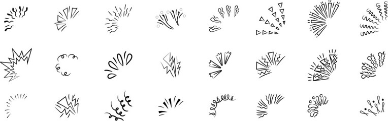 A collection of hand-drawn icons depicting bursts, explosions, confetti, and surprise rays in a continuous line art style. Each design showcases dynamic, expressive energy using abstract shapes like z