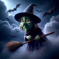 a 3D cartoon old witch, character,  with wrinkled green skin, a crooked nose, and round wire-rimmed glasses flies through a dark midnight sky on a wooden broomstick.