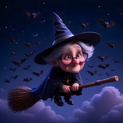A 3D cute cartoon boy witch character with round wire-rimmed glasses and tousled brown hair flies through a bright blue daytime sky on a wooden broomstick