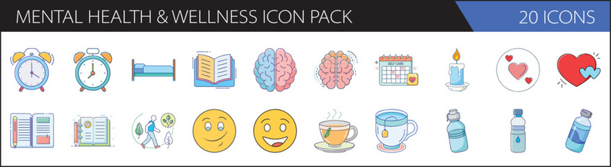 Mental Health and Wellness Icon Pack - Self-Care and Mindfulness Vector Set