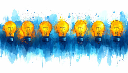 Watercolor lightbulbs. Orange glows amongst blue splatters evoke innovation and creative inspiration in a graphic design