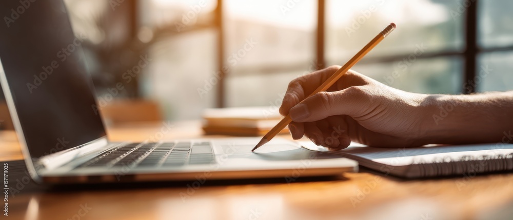 Poster the hand writing notes while using a laptop in a bright workspace.