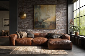 Sophisticated loft interior design featuring a leather sofa and modern artwork in a warm, inviting atmosphere