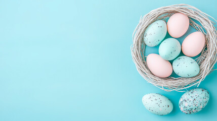 Gentle pastel eggs nestled in a rustic twig creation on a serene aqua surface, celebrating the Spring Easter holiday for card or social post.