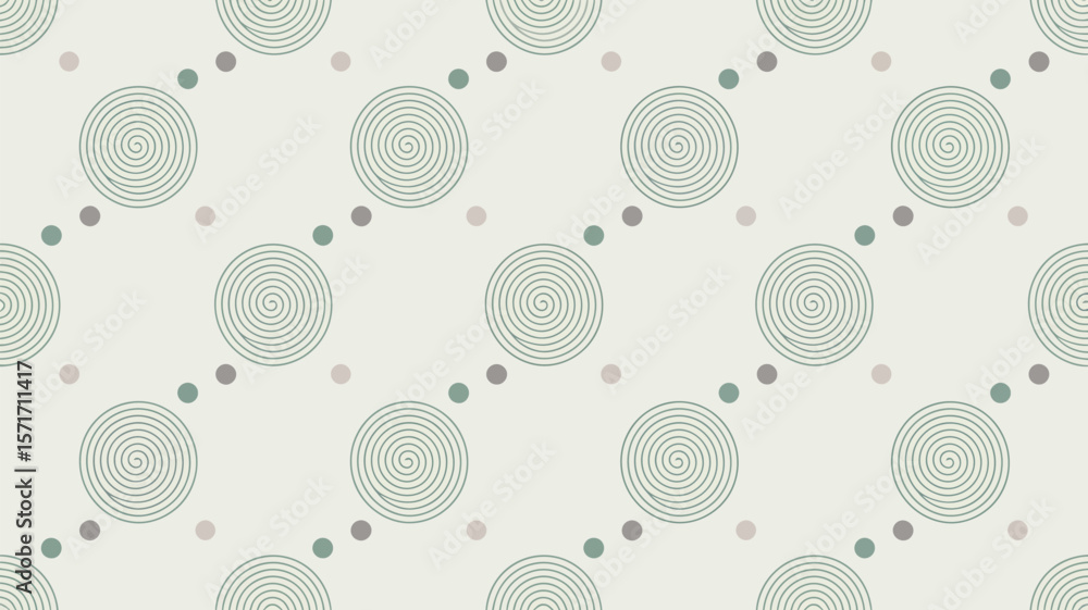 Poster repeating pattern of green spirals and dots on a light background diagonally set