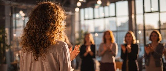 The woman presenting to an applauding audience in an inspiring workshop setting.