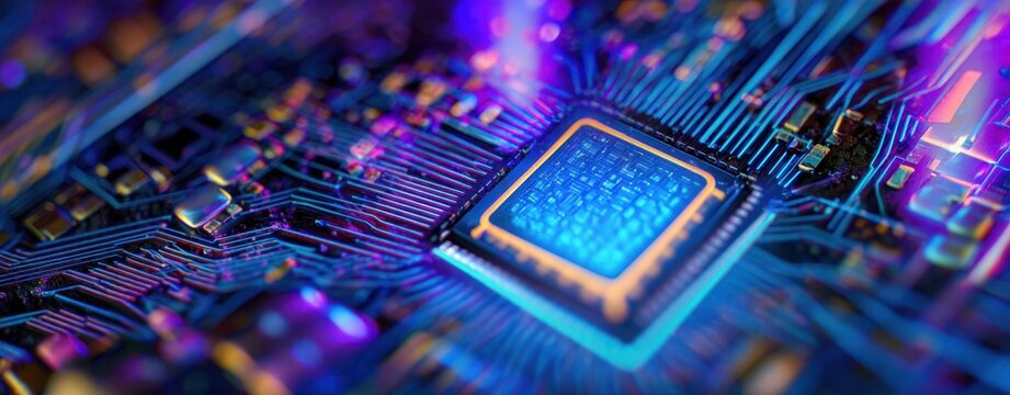 The high-tech microprocessor glowing on an intricate circuit board.