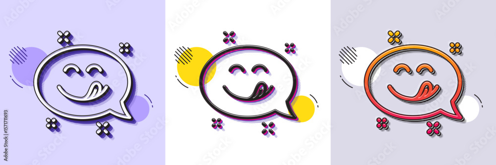 Poster yummy smile line icon. halftone dotted pattern. gradient icon with grain shadow. emoticon with tongu