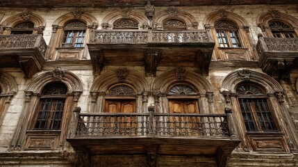 Obraz premium Aged building facade with ornate balconies