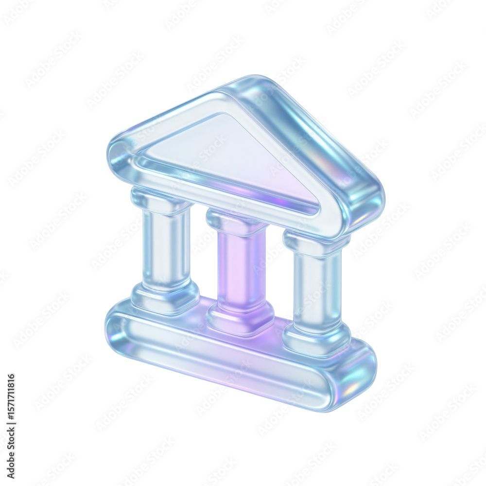 Poster Futuristic translucent bank  with three columns demonstrating modern architecture concepts and innovative design aesthetics 