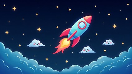 Cute cartoon rocket flying through the starry night sky with clouds isolated on white background