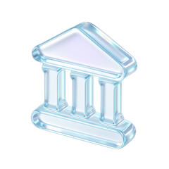 Shiny transparent glass building icon with classical columns representing architecture, stability, and historical significance 