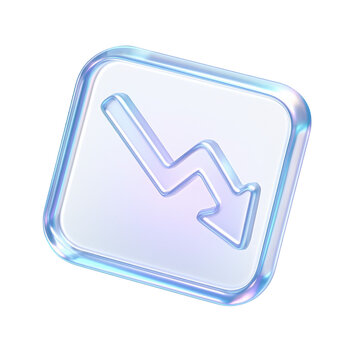 Semitransparent crystal icon of Glossy 3D arrow indicating downward trend, representing decline in market or financial analysis with a modern and sleek design.
