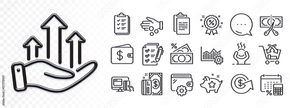 Poster clipboard, wallet and discount line icons for web app. glare of light effect. message icon. pack of 