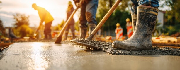 The construction crew working tirelessly to pour concrete at sunset.