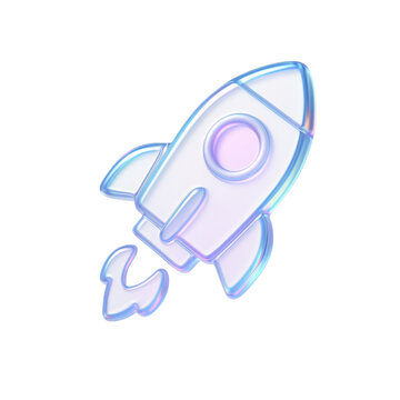 Semitransparent crystal icon of Stylized rocket  with a pastel glow, representing innovation and exploration in technology