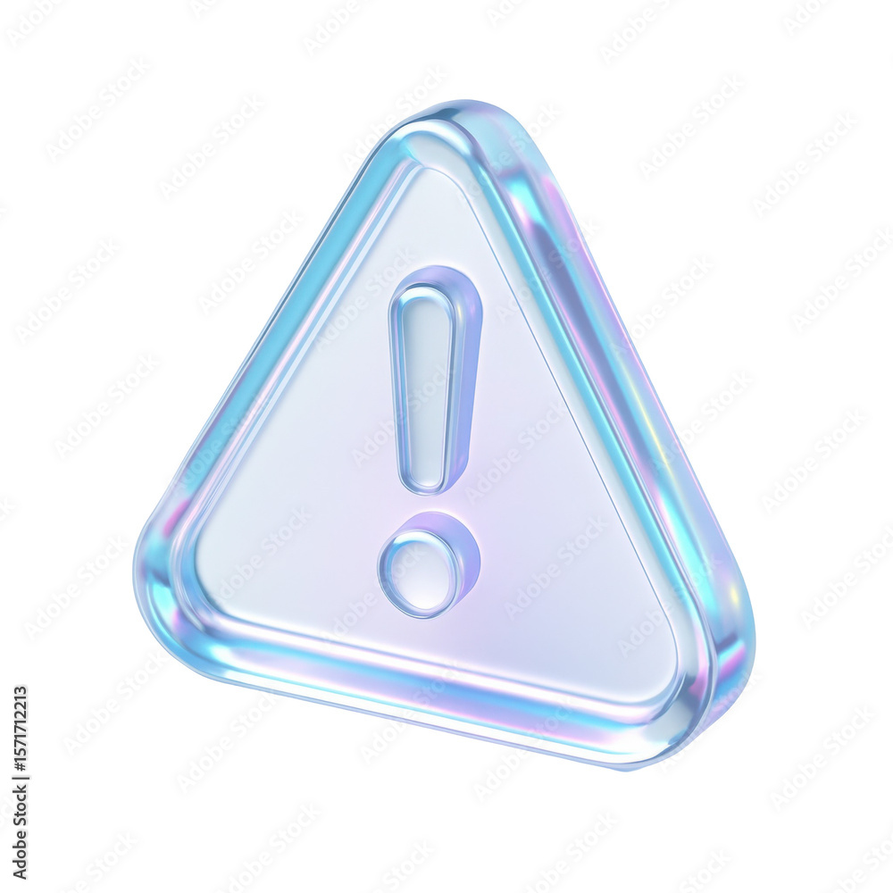 Poster semitransparent crystal icon of shiny holographic warning sign with exclamation point, glowing in vi