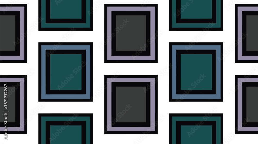 Poster repeating pattern of concentric squares in shades of gray and teal on white grid