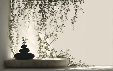 Zen scene with stacked stones and cascading green vines