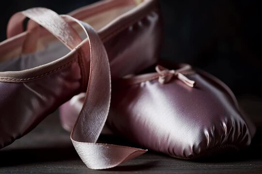 Video of professional pointe ballet shoes with ribbon against a dark background.