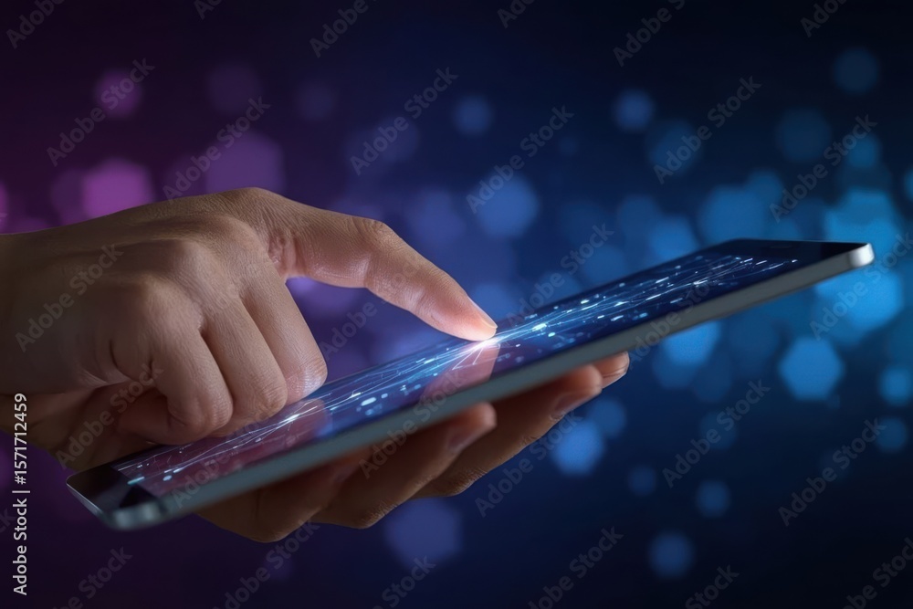 Poster touchscreen interface: a finger interacts with the bright display of a digital tablet in the dark.