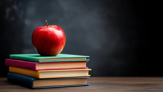 School books with red apple on wooden table - Powered by Adobe