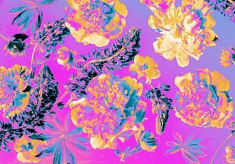 Vibrant digital artwork of blooming flowers peony, lupine in neon colors on a violet background....