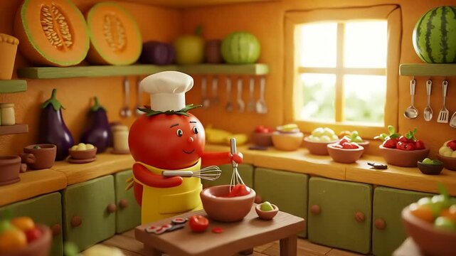 Playful tomato chef preparing a meal in a cartoon kitchen filled with fruits and vegetables