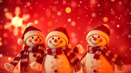 Cute Christmas Snowman Trio with Red Background and Snowflakes