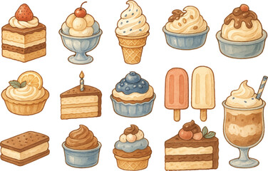 A delightful set of hand-drawn desserts including cake, ice cream, cupcakes, and popsicles in a vintage engraving style. Perfect for culinary, bakery, or retro-themed designs