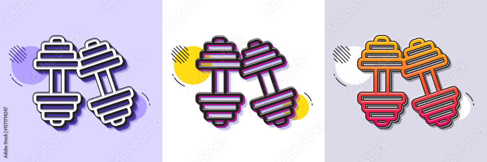 Poster dumbbells line icon. halftone dotted pattern. gradient icon with grain shadow. workout equipment sig